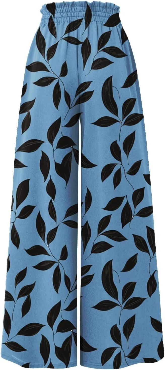 Wide Leg Pants Woman Palazzo Floral Dress Pants Flowy High Waisted Summer 2025 Beach Boho Trousers with Pockets