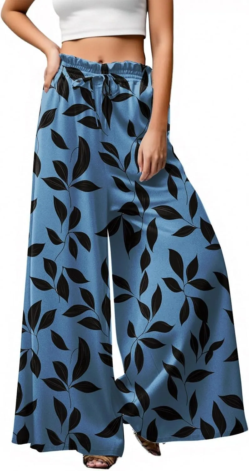 Wide Leg Pants Woman Palazzo Floral Dress Pants Flowy High Waisted Summer 2025 Beach Boho Trousers with Pockets