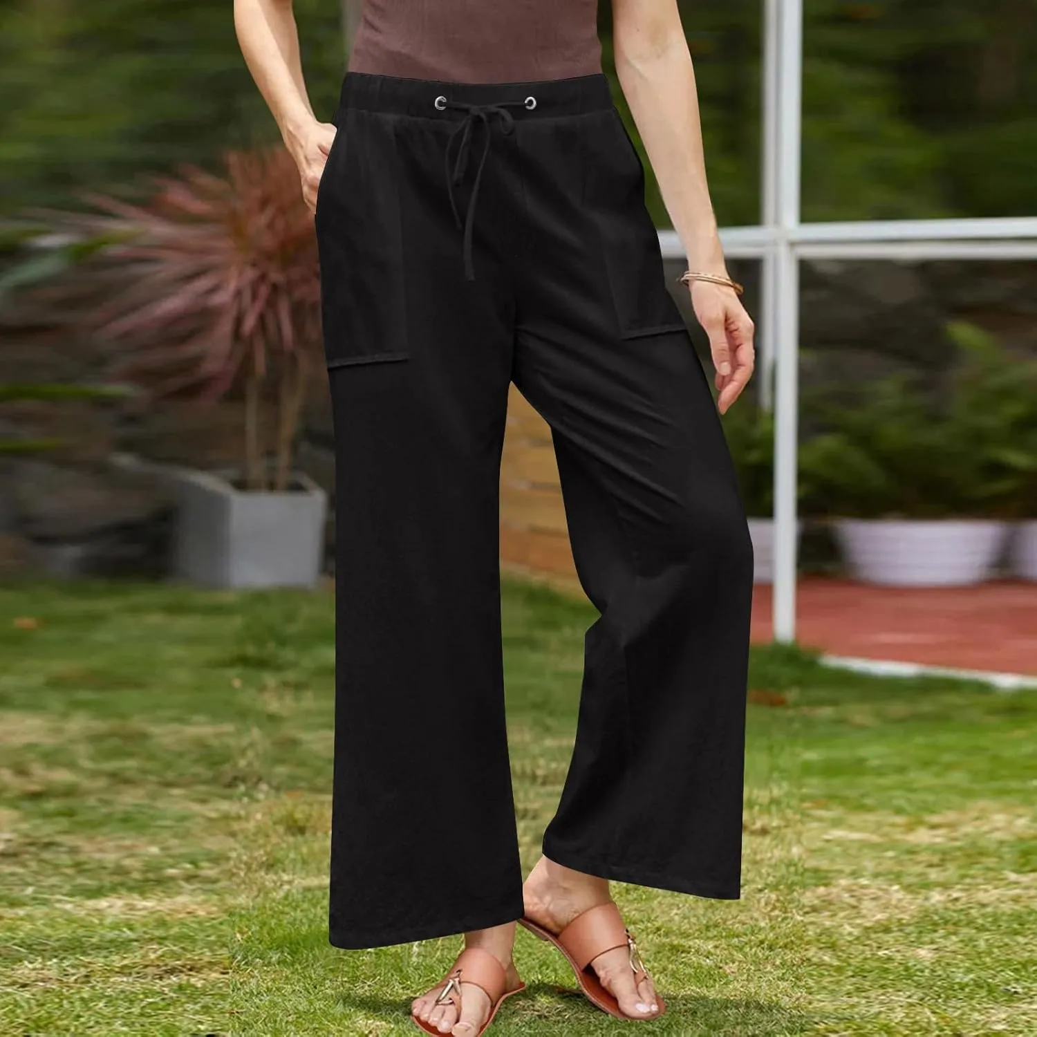 Wide Leg Pants Woman Summer Casual 2025 Drawstring High Waisted Trousers with Pockets Plus Size Linen Pants