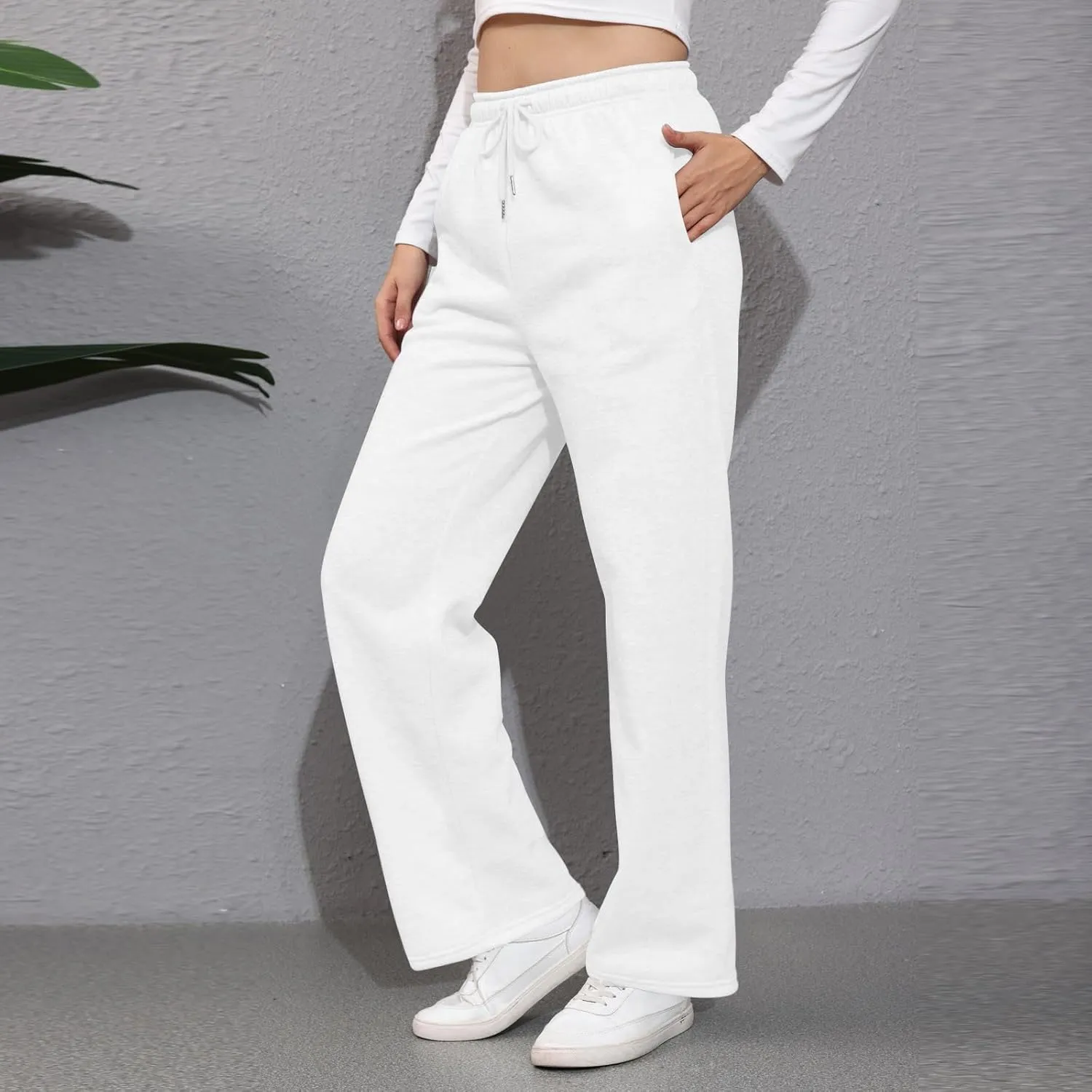 Wide Leg Sweat Pants for Womens High Waisted Fleece Sweatpants with Pockets Y2k Baggy Comfy Athletic Jogger Pants