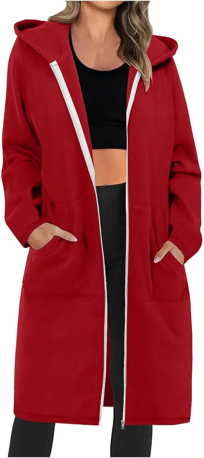 Winter Coats for Women 2024 Long Solid Color Trench Coat Pocket Long Sleeve Jacket Casual Hoodie Zip Up Shacket Coats