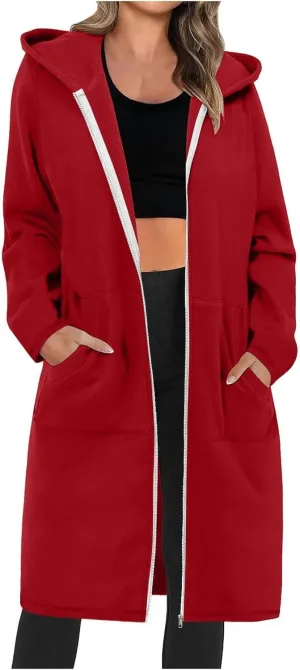 Winter Coats for Women 2024 Long Solid Color Trench Coat Pocket Long Sleeve Jacket Casual Hoodie Zip Up Shacket Coats