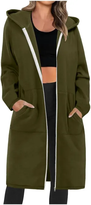 Winter Coats for Women 2024 Long Solid Color Trench Coat Pocket Long Sleeve Jacket Casual Hoodie Zip Up Shacket Coats