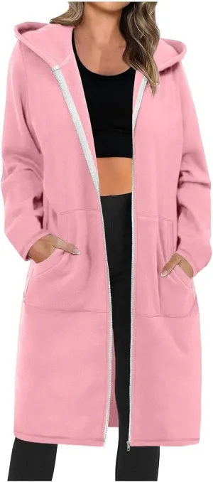 Winter Coats for Women 2024 Long Solid Color Trench Coat Pocket Long Sleeve Jacket Casual Hoodie Zip Up Shacket Coats
