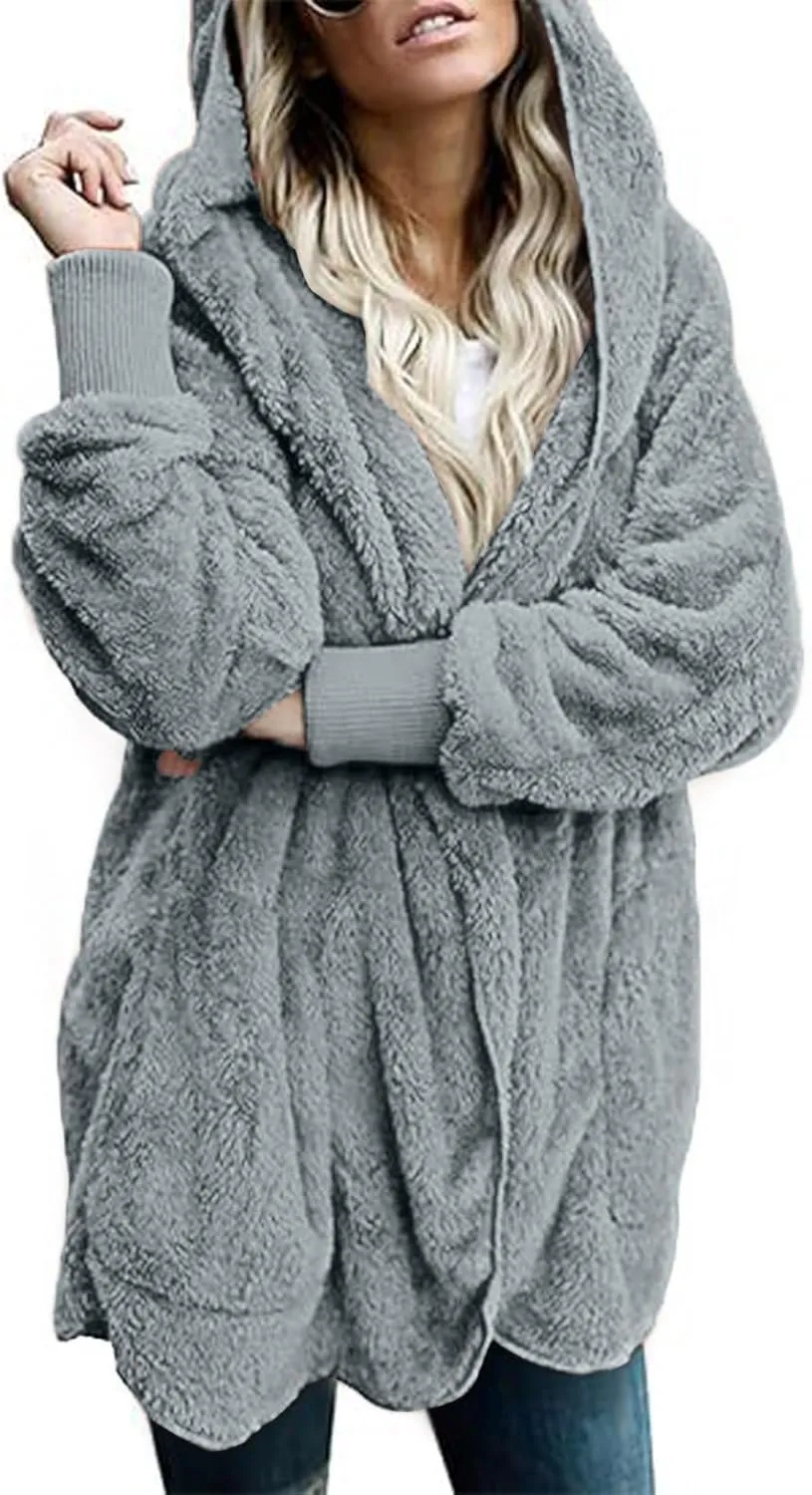 Winter Coats For Women Loose Hooded Jacket Plush Long Sleeve Cardigan Solid Color Coat