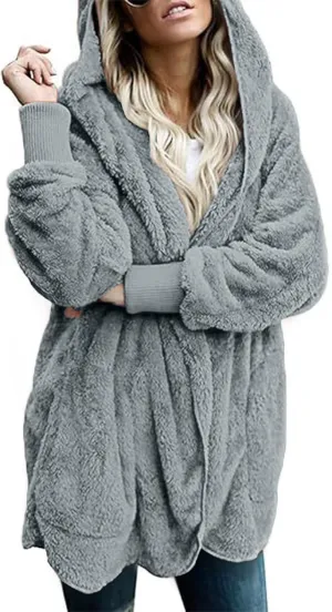 Winter Coats For Women Loose Hooded Jacket Plush Long Sleeve Cardigan Solid Color Coat