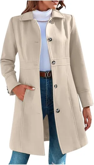 Winter Coats for Women Open Front Trench Coat Long Sleeve Lapel Cardigan Winter Overcoat Midi Peacoat with Pockets