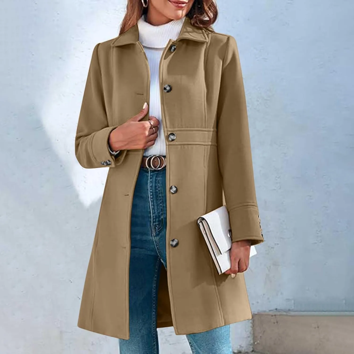 Winter Coats for Women Open Front Trench Coat Long Sleeve Lapel Cardigan Winter Overcoat Midi Peacoat with Pockets
