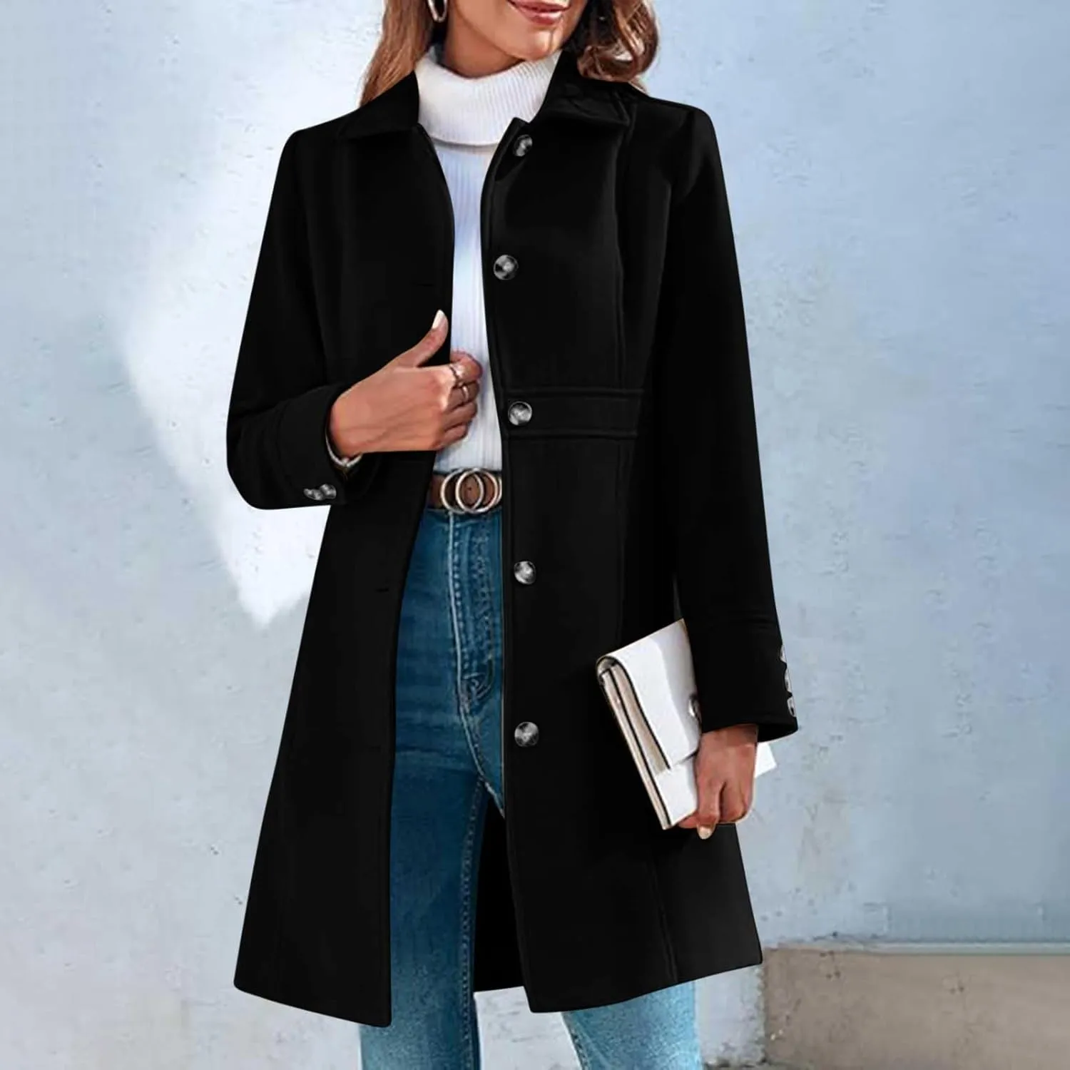 Winter Coats for Women Open Front Trench Coat Long Sleeve Lapel Cardigan Winter Overcoat Midi Peacoat with Pockets