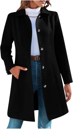 Winter Coats for Women Open Front Trench Coat Long Sleeve Lapel Cardigan Winter Overcoat Midi Peacoat with Pockets