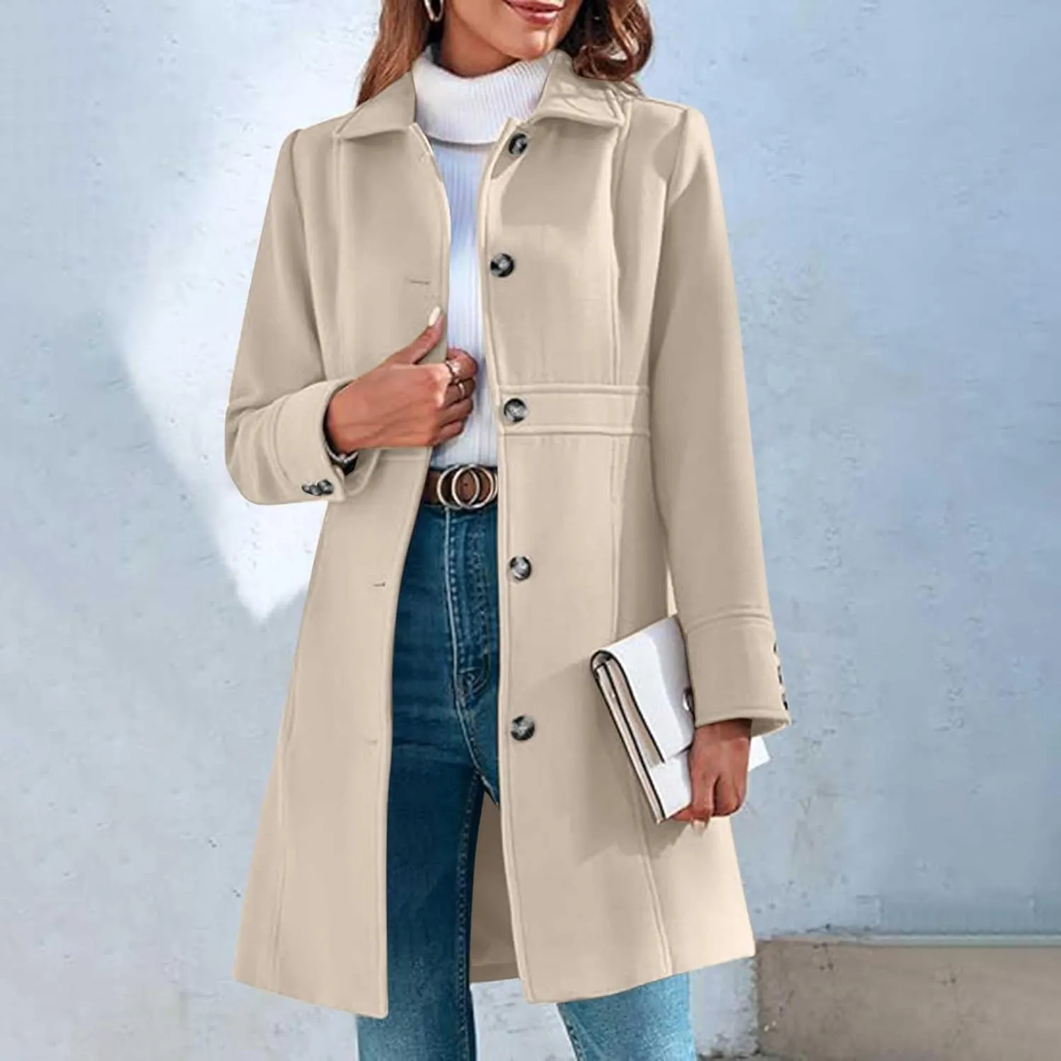 Winter Coats for Women Open Front Trench Coat Long Sleeve Lapel Cardigan Winter Overcoat Midi Peacoat with Pockets