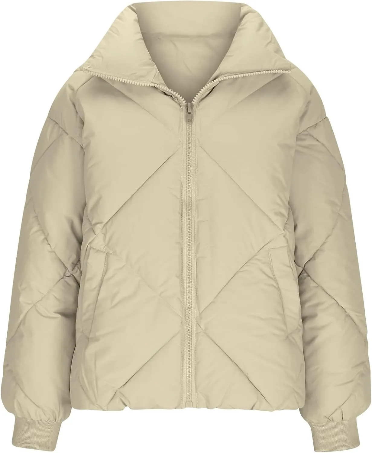 Winter Puffer Coats for Women Full Zipper Cotton-Padded Jacket Button Long Sleeve Pockets Warm Quilted Outerwear