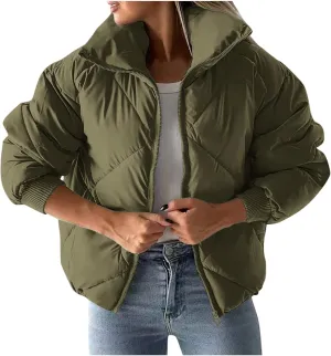 Winter Puffer Coats for Women Full Zipper Cotton-Padded Jacket Button Long Sleeve Pockets Warm Quilted Outerwear