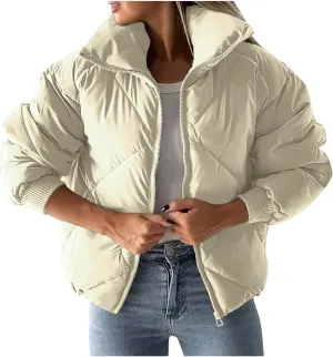 Winter Puffer Coats for Women Full Zipper Cotton-Padded Jacket Button Long Sleeve Pockets Warm Quilted Outerwear