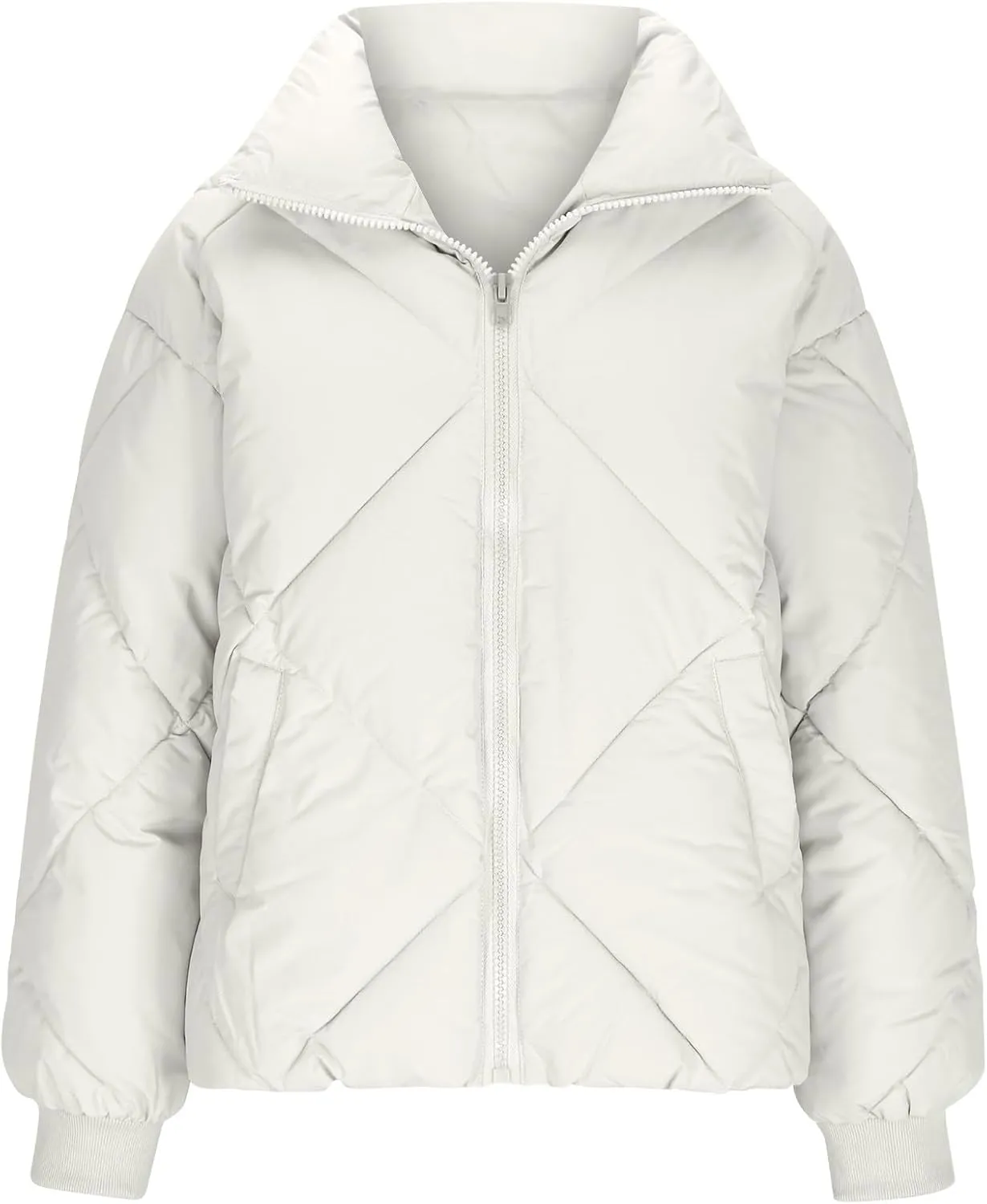 Winter Puffer Coats for Women Full Zipper Cotton-Padded Jacket Button Long Sleeve Pockets Warm Quilted Outerwear
