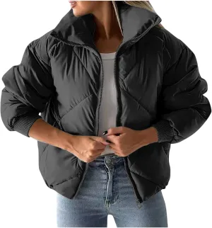 Winter Puffer Coats for Women Full Zipper Cotton-Padded Jacket Button Long Sleeve Pockets Warm Quilted Outerwear