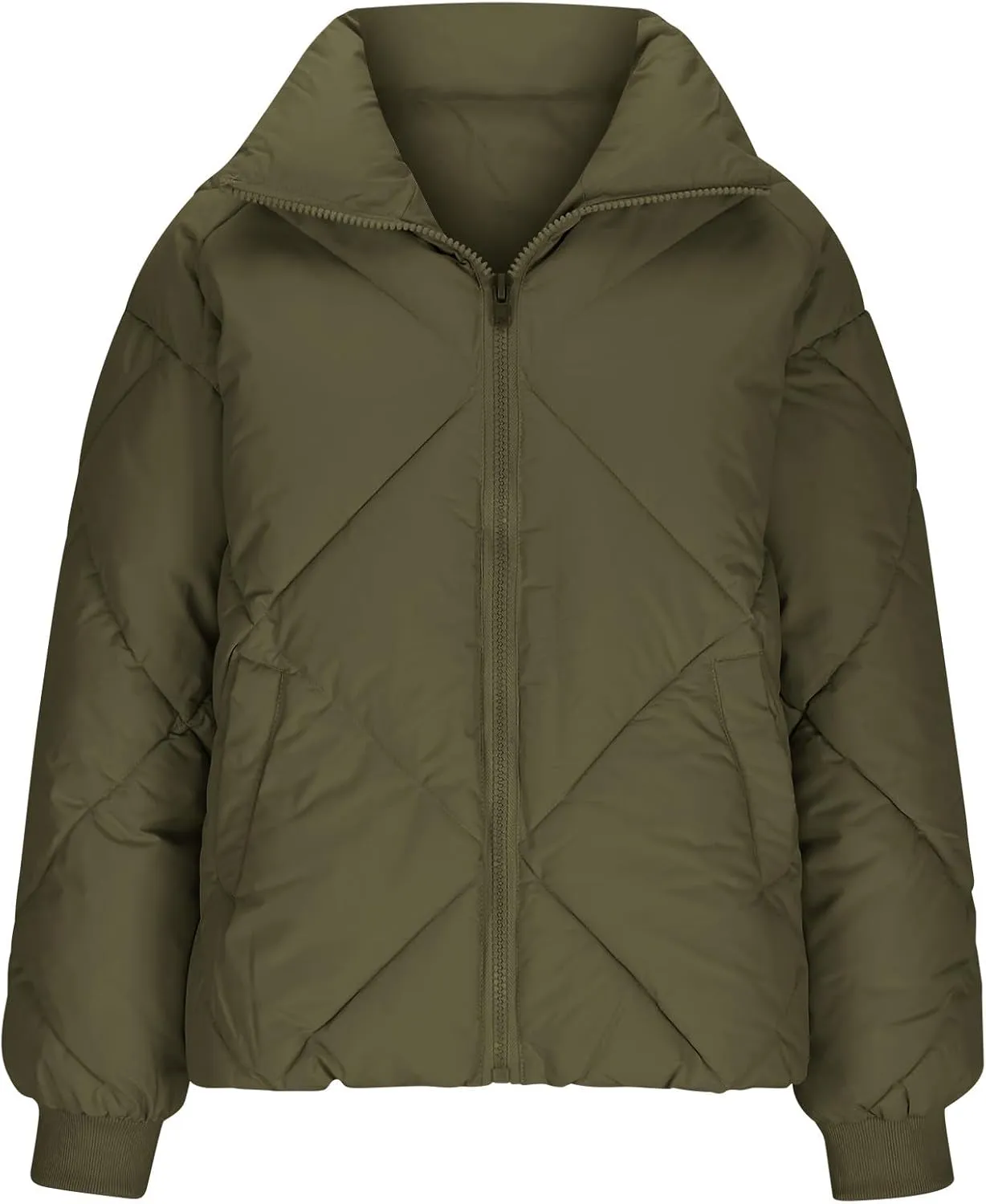 Winter Puffer Coats for Women Full Zipper Cotton-Padded Jacket Button Long Sleeve Pockets Warm Quilted Outerwear