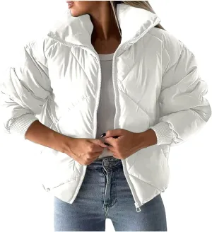 Winter Puffer Coats for Women Full Zipper Cotton-Padded Jacket Button Long Sleeve Pockets Warm Quilted Outerwear