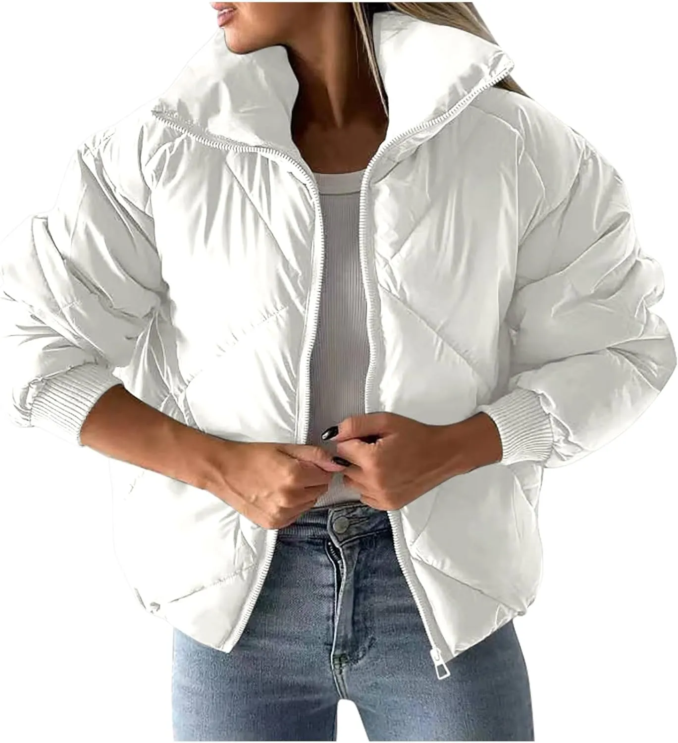 Winter Puffer Coats for Women Full Zipper Cotton-Padded Jacket Button Long Sleeve Pockets Warm Quilted Outerwear