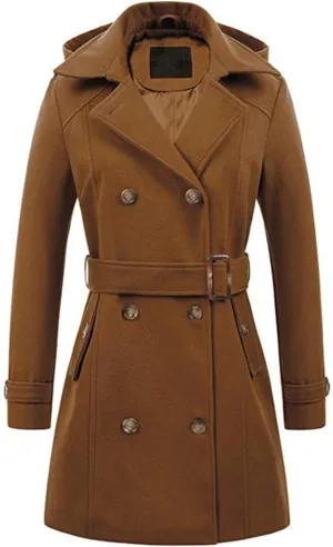 Winter Trench Coat for Women Casual Notched Lapel Collar Overcoat Wool Blend Pea Coat Long Jacket Outerwear