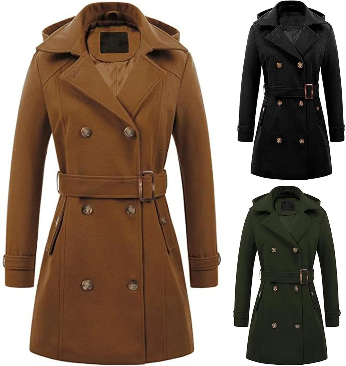 Winter Trench Coat for Women Casual Notched Lapel Collar Overcoat Wool Blend Pea Coat Long Jacket Outerwear