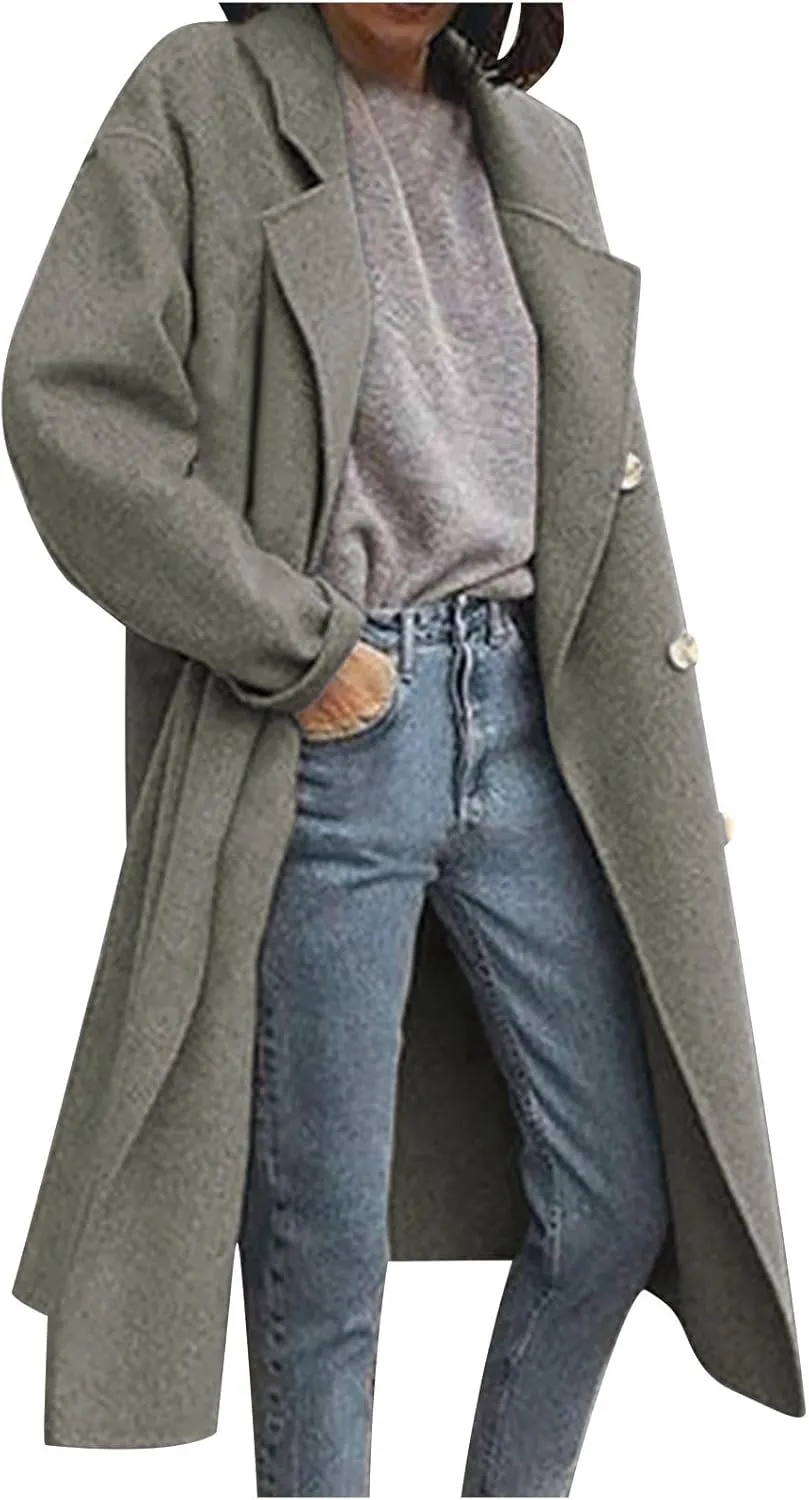 Winter Trench Coats for Women Double Breasted Thick Long Wool Coat Notch Lapel Overcoats Slim Pea Jacket With Belts