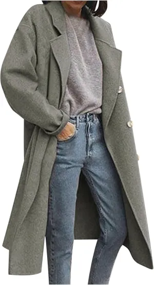 Winter Trench Coats for Women Double Breasted Thick Long Wool Coat Notch Lapel Overcoats Slim Pea Jacket With Belts