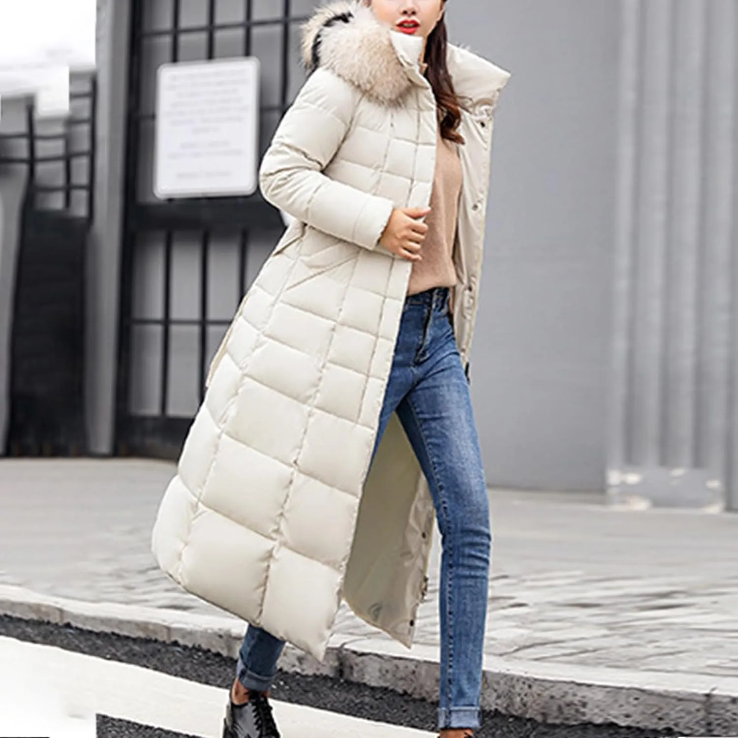 Winter Warm Coats for Women Thick Cotton Down Jacket Solid Color Hooded Padded Outerwear with Detachable Fur Collar