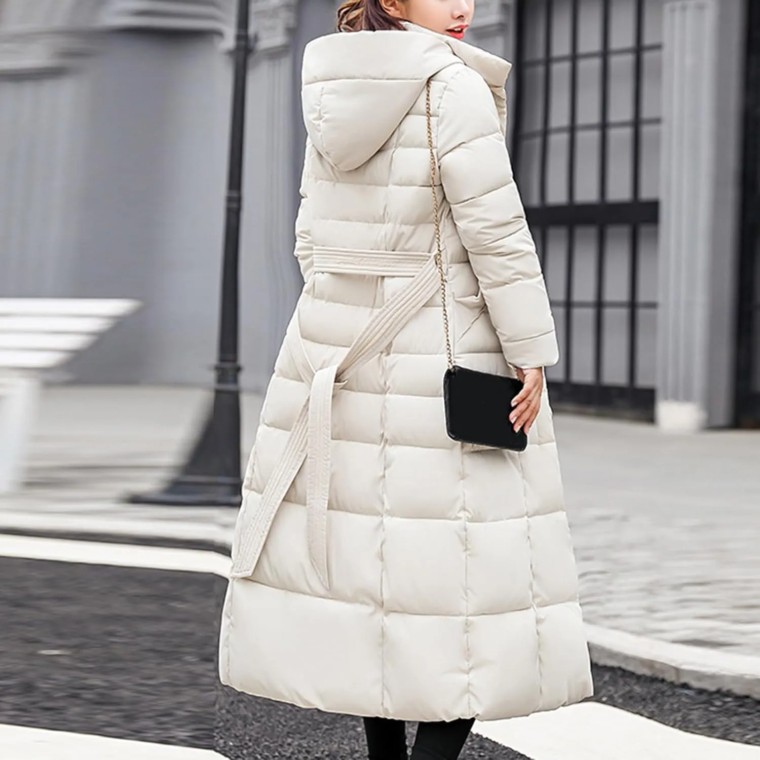 Winter Warm Coats for Women Thick Cotton Down Jacket Solid Color Hooded Padded Outerwear with Detachable Fur Collar