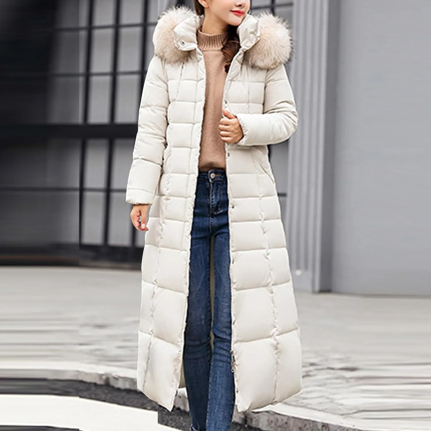 Winter Warm Coats for Women Thick Cotton Down Jacket Solid Color Hooded Padded Outerwear with Detachable Fur Collar