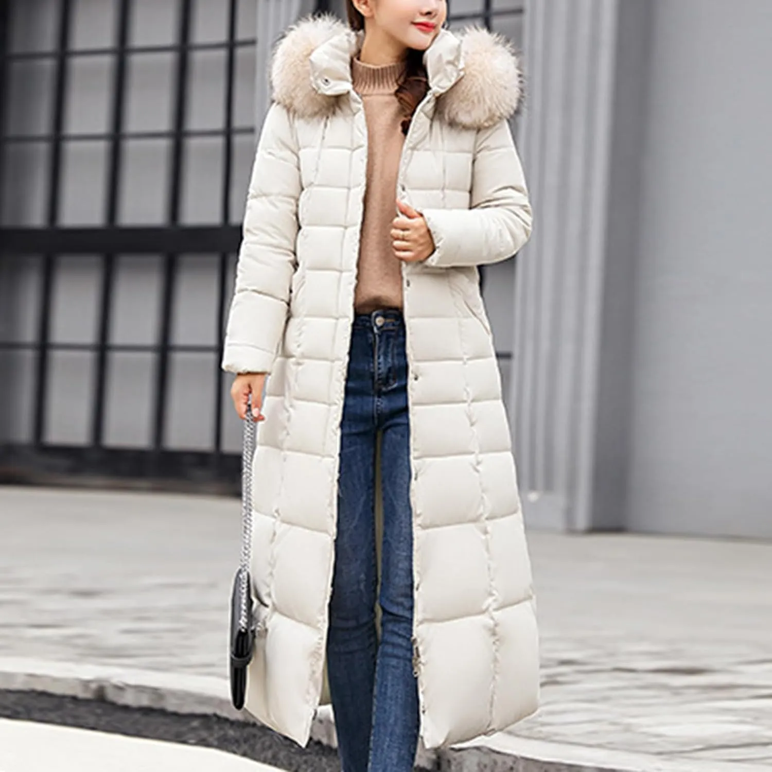 Winter Warm Coats for Women Thick Cotton Down Jacket Solid Color Hooded Padded Outerwear with Detachable Fur Collar