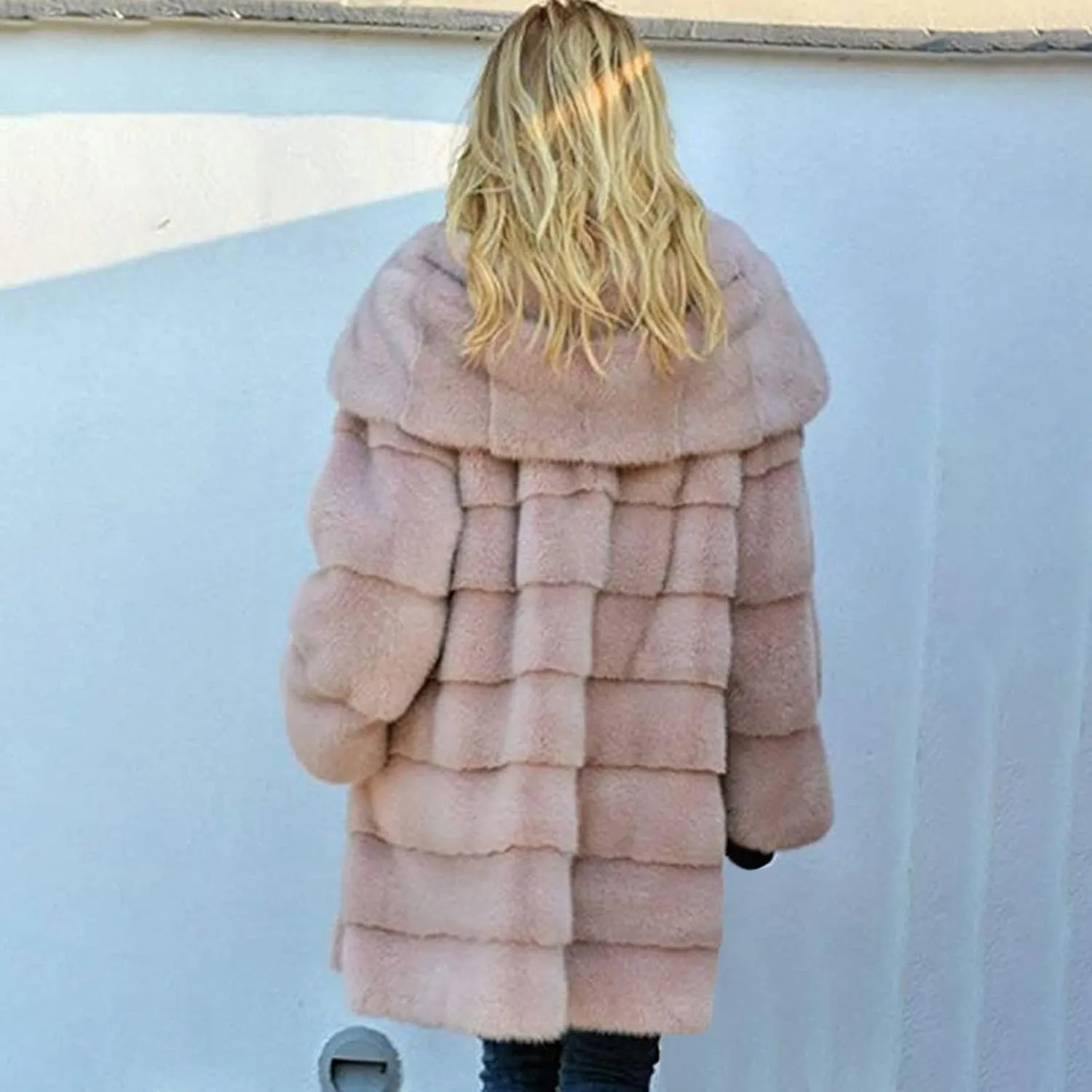 Wkishenl Plus Size Faux Fur Coat for Women Fluffy Fuzzy Shaggy Trench Coat Winter Warm Jacket Long Sleeve Outerwear with Hood