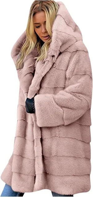 Wkishenl Plus Size Faux Fur Coat for Women Fluffy Fuzzy Shaggy Trench Coat Winter Warm Jacket Long Sleeve Outerwear with Hood