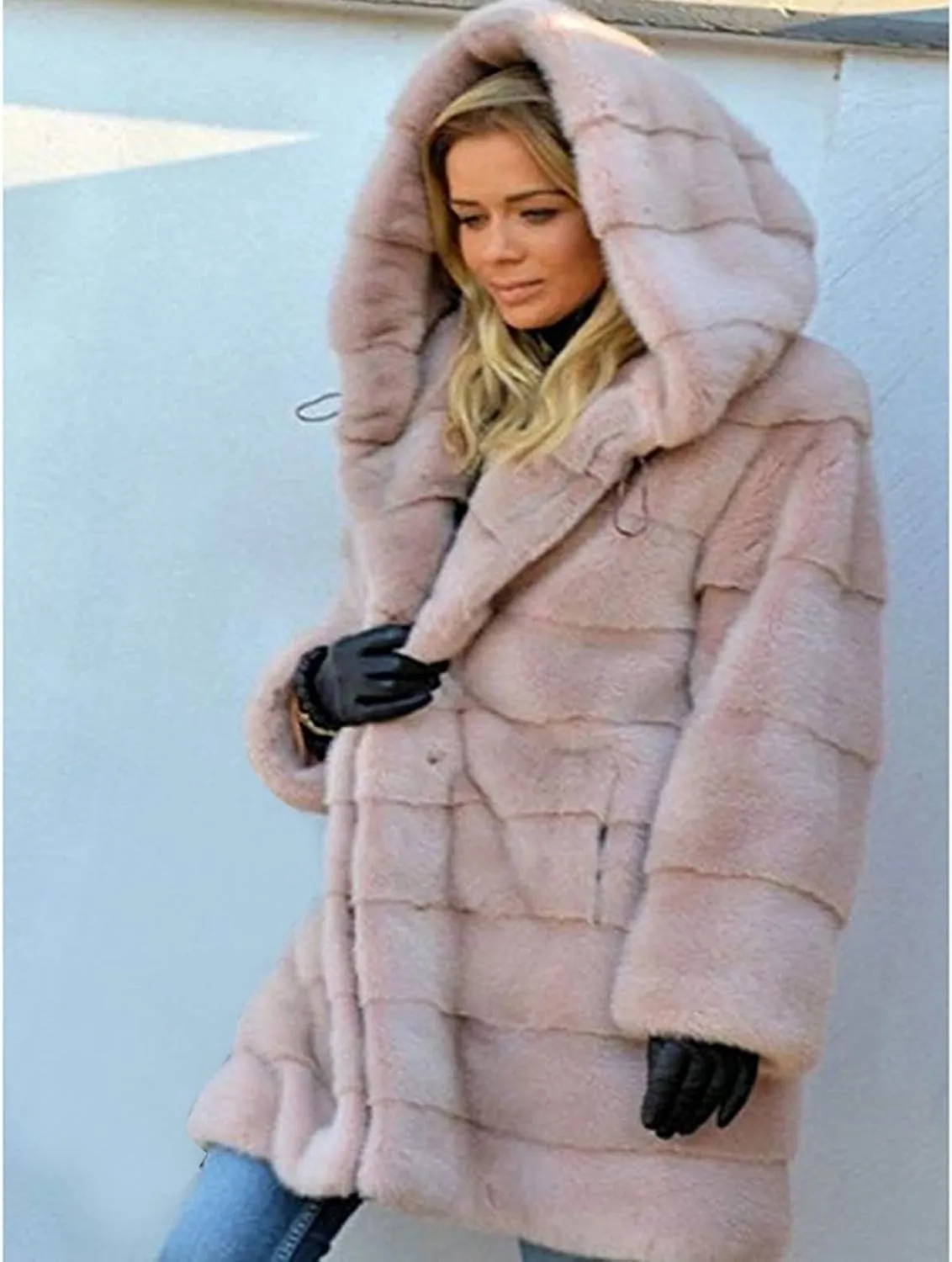 Wkishenl Plus Size Faux Fur Coat for Women Fluffy Fuzzy Shaggy Trench Coat Winter Warm Jacket Long Sleeve Outerwear with Hood