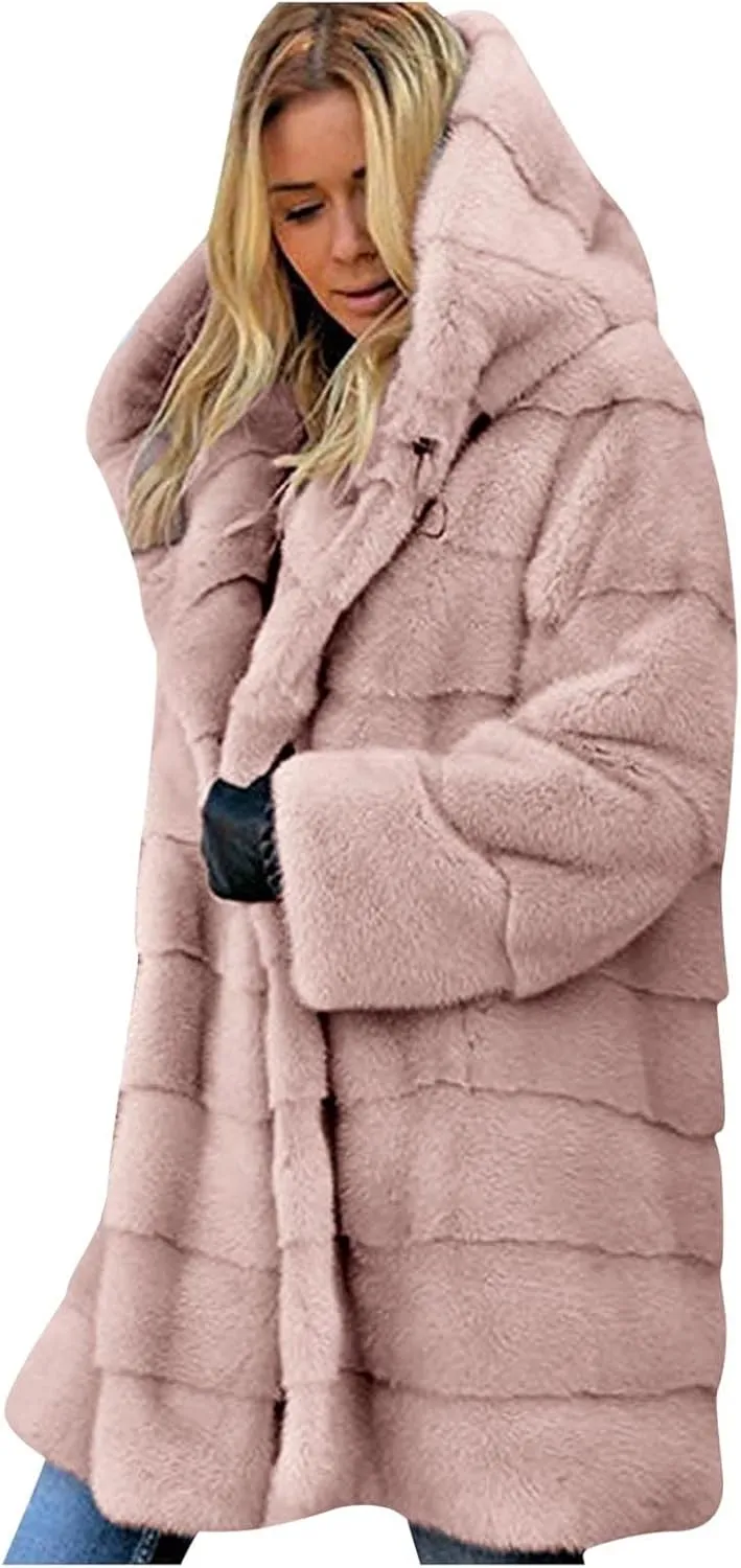 Wkishenl Plus Size Faux Fur Coat for Women Fluffy Fuzzy Shaggy Trench Coat Winter Warm Jacket Long Sleeve Outerwear with Hood