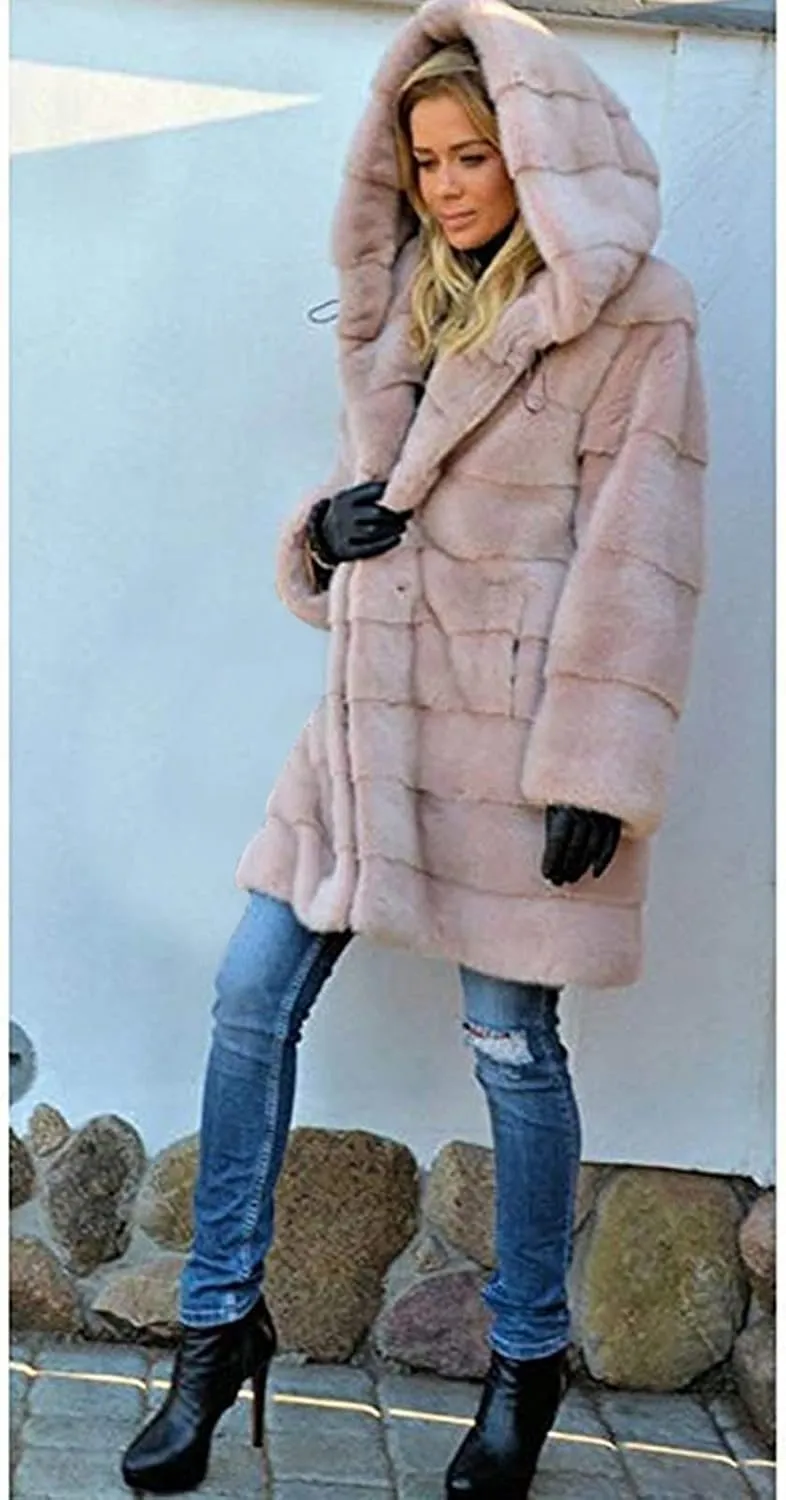 Wkishenl Plus Size Faux Fur Coat for Women Fluffy Fuzzy Shaggy Trench Coat Winter Warm Jacket Long Sleeve Outerwear with Hood