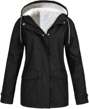 Wkishenl Rain Jacket for Women Softshell Warm Fleece Lined Fall Winter Coats Hooded Waterproof Windbreaker Trench Coat