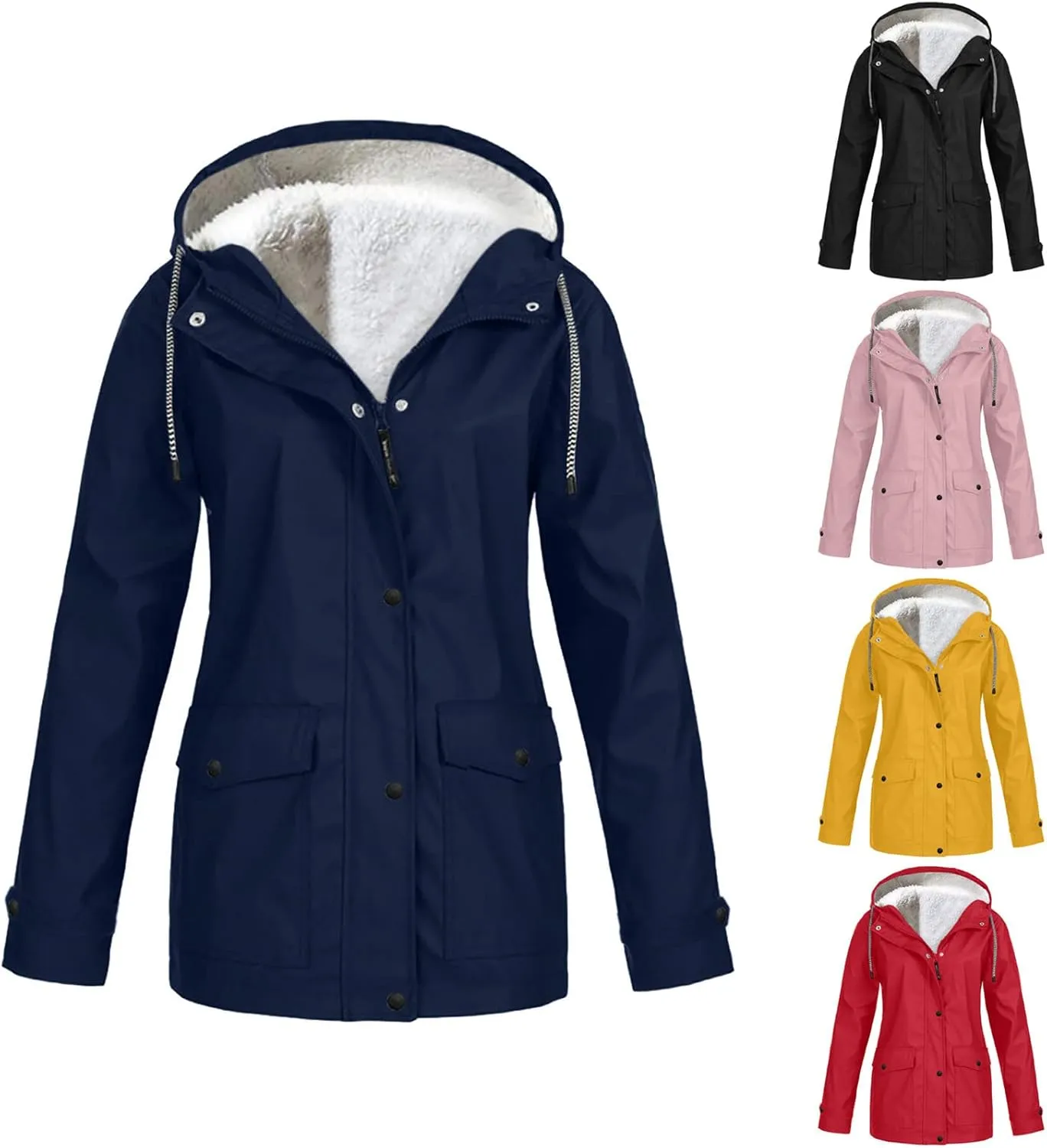 Wkishenl Rain Jacket for Women Softshell Warm Fleece Lined Fall Winter Coats Hooded Waterproof Windbreaker Trench Coat