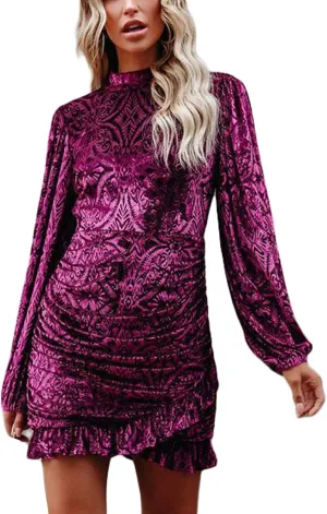 Women Backless Ruched Velvet Dress Long Sleeve Turtleneck Floral Ruffle Mini Dresses Sexy Evening Short Dress