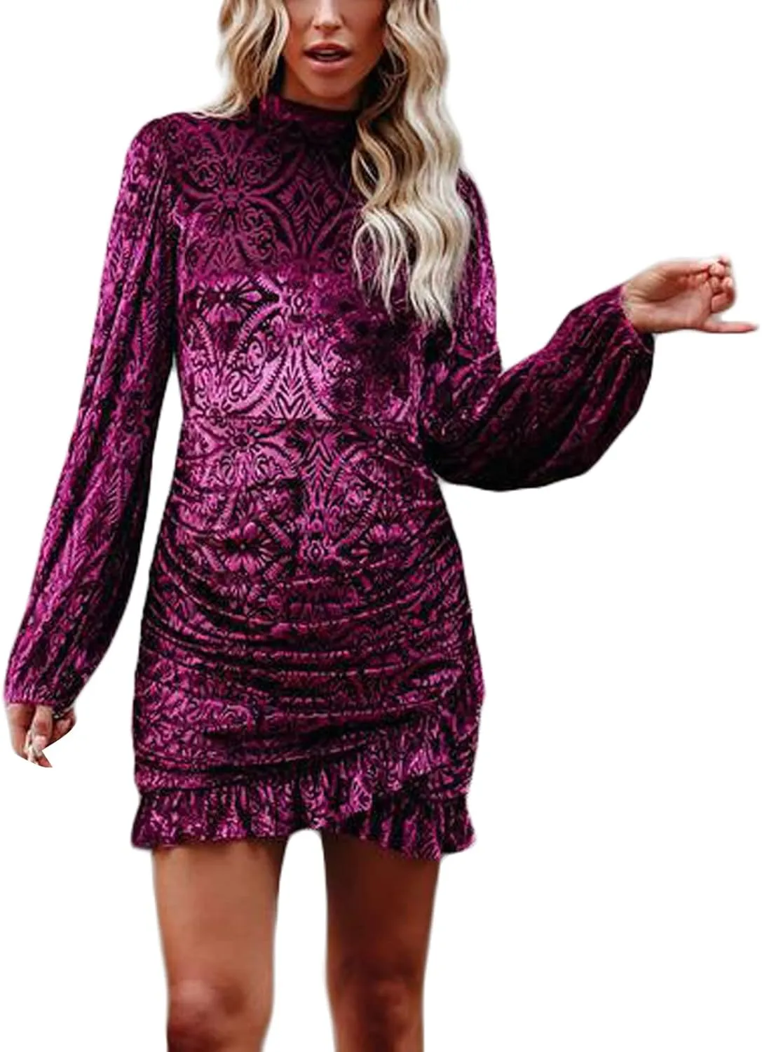 Women Backless Ruched Velvet Dress Long Sleeve Turtleneck Floral Ruffle Mini Dresses Sexy Evening Short Dress