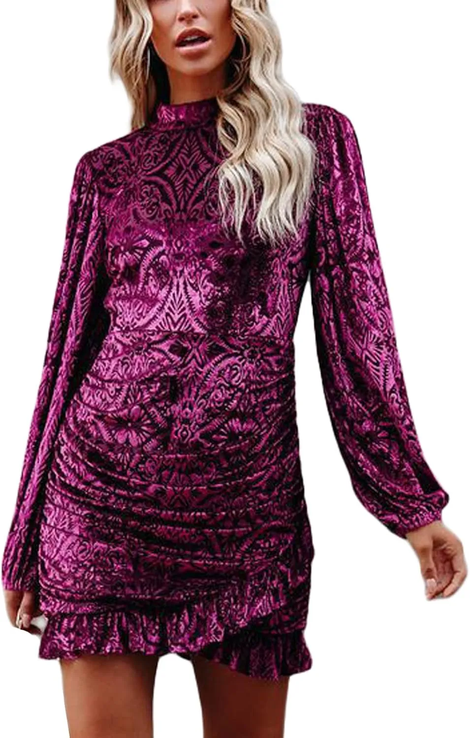 Women Backless Ruched Velvet Dress Long Sleeve Turtleneck Floral Ruffle Mini Dresses Sexy Evening Short Dress