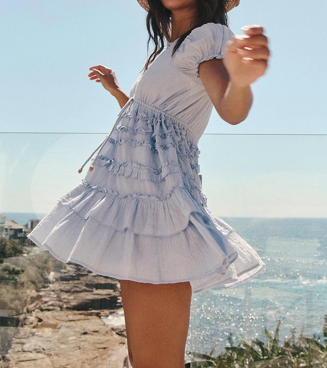 Women Boho Mini Dress Aesthetic Floral Embroidery Puff Short Sleeve Square Neck Short Dress Beach Vacation Clothes