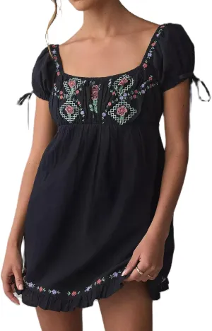 Women Boho Mini Dress Aesthetic Floral Embroidery Puff Short Sleeve Square Neck Short Dress Beach Vacation Clothes