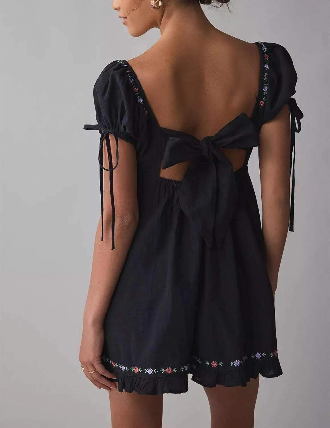 Women Boho Mini Dress Aesthetic Floral Embroidery Puff Short Sleeve Square Neck Short Dress Beach Vacation Clothes