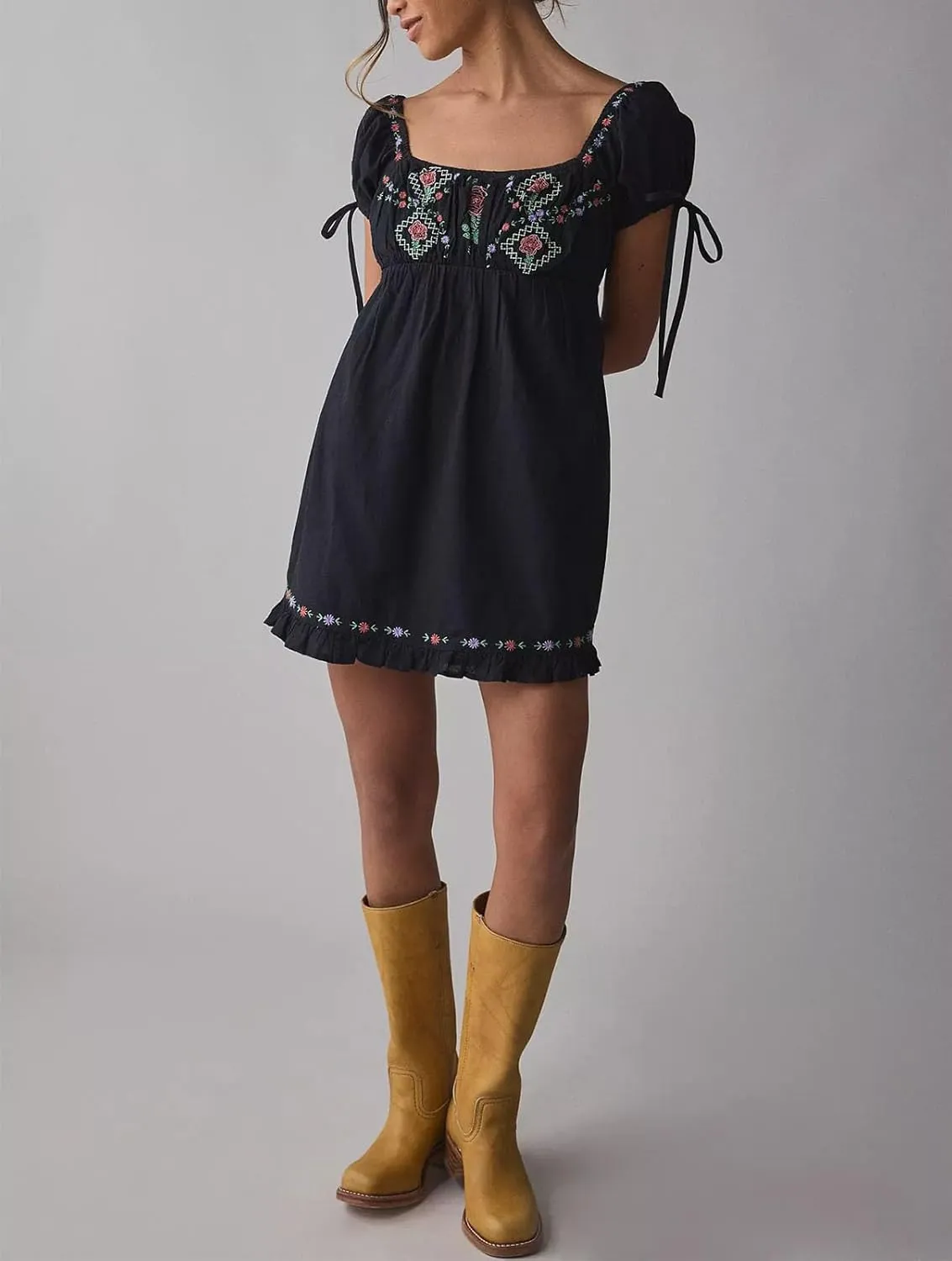Women Boho Mini Dress Aesthetic Floral Embroidery Puff Short Sleeve Square Neck Short Dress Beach Vacation Clothes