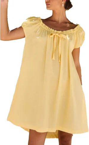 Women Boho Mini Dress Aesthetic Floral Embroidery Puff Short Sleeve Square Neck Short Dress Beach Vacation Clothes