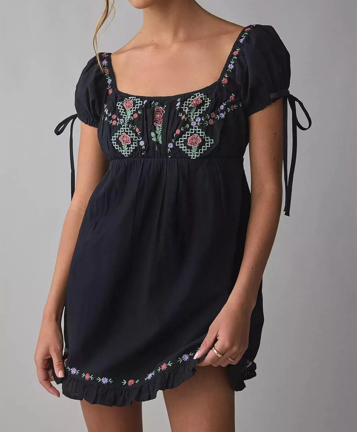 Women Boho Mini Dress Aesthetic Floral Embroidery Puff Short Sleeve Square Neck Short Dress Beach Vacation Clothes
