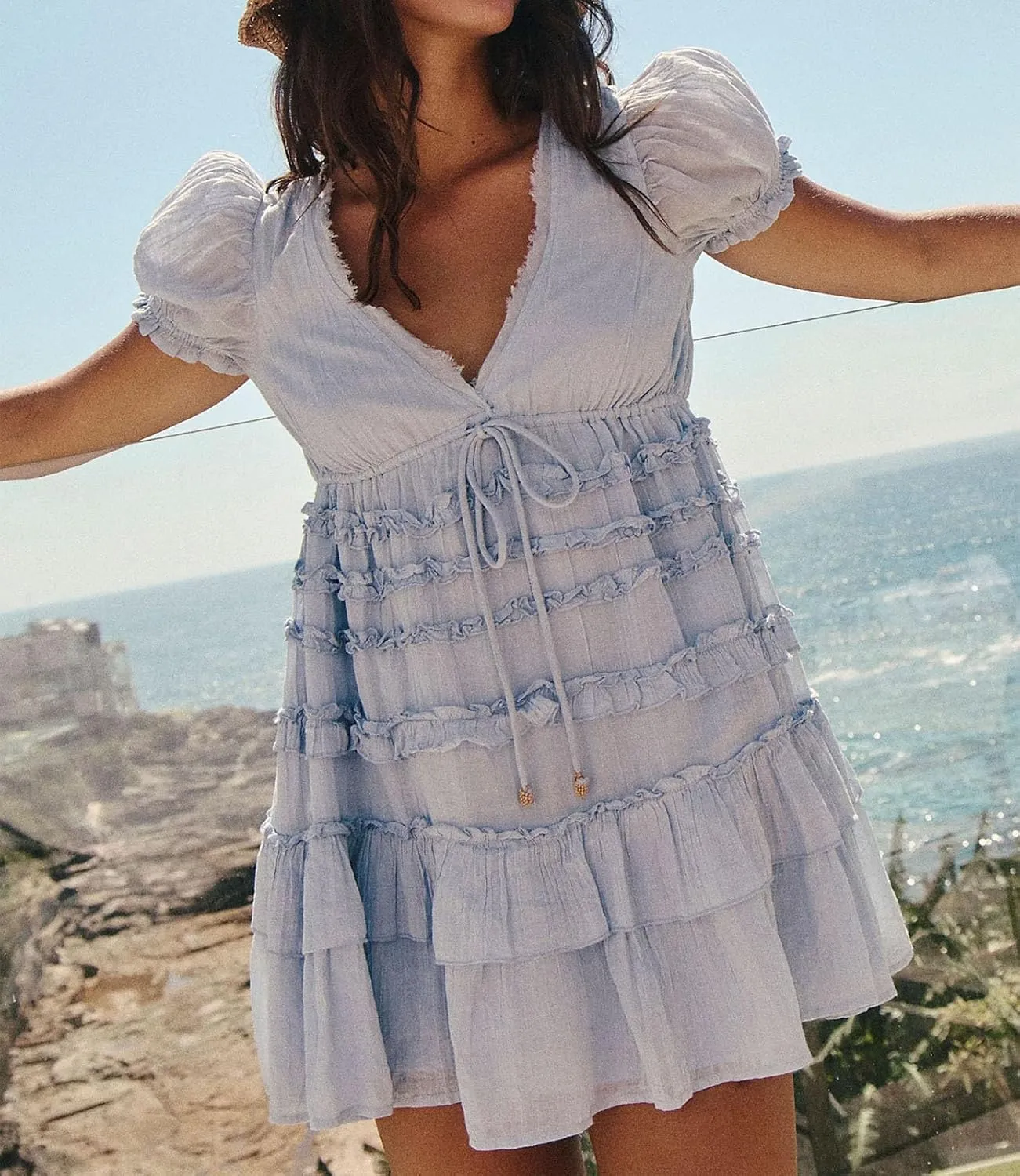 Women Boho Mini Dress Aesthetic Floral Embroidery Puff Short Sleeve Square Neck Short Dress Beach Vacation Clothes