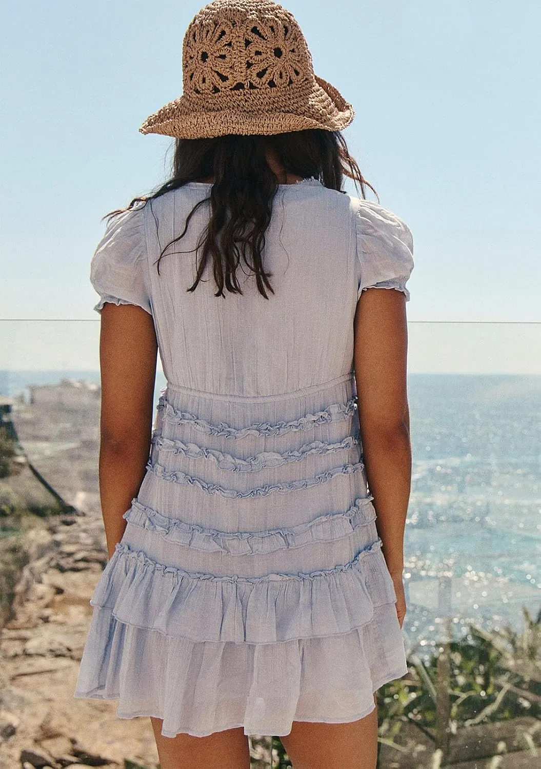 Women Boho Mini Dress Aesthetic Floral Embroidery Puff Short Sleeve Square Neck Short Dress Beach Vacation Clothes