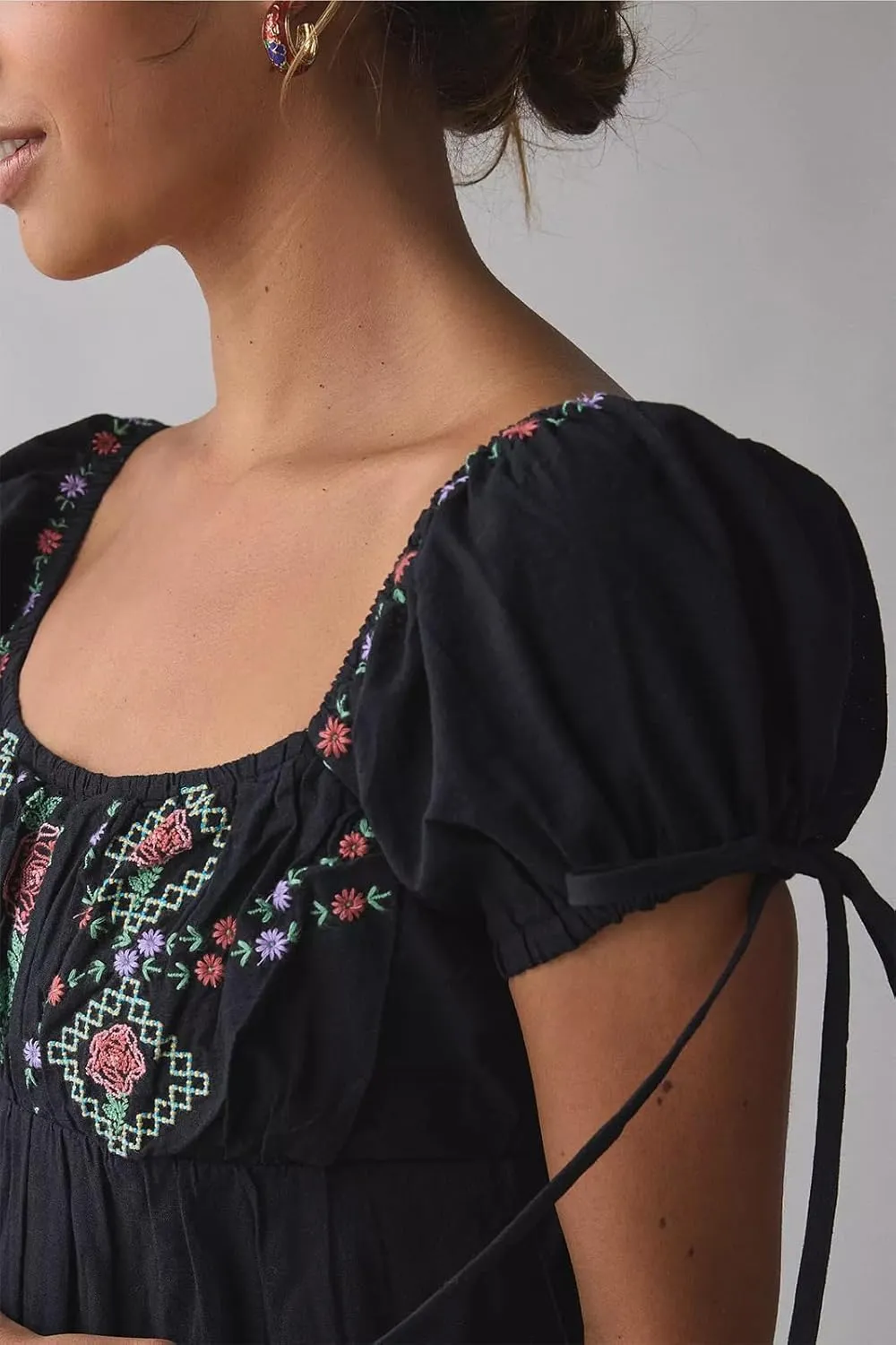 Women Boho Mini Dress Aesthetic Floral Embroidery Puff Short Sleeve Square Neck Short Dress Beach Vacation Clothes